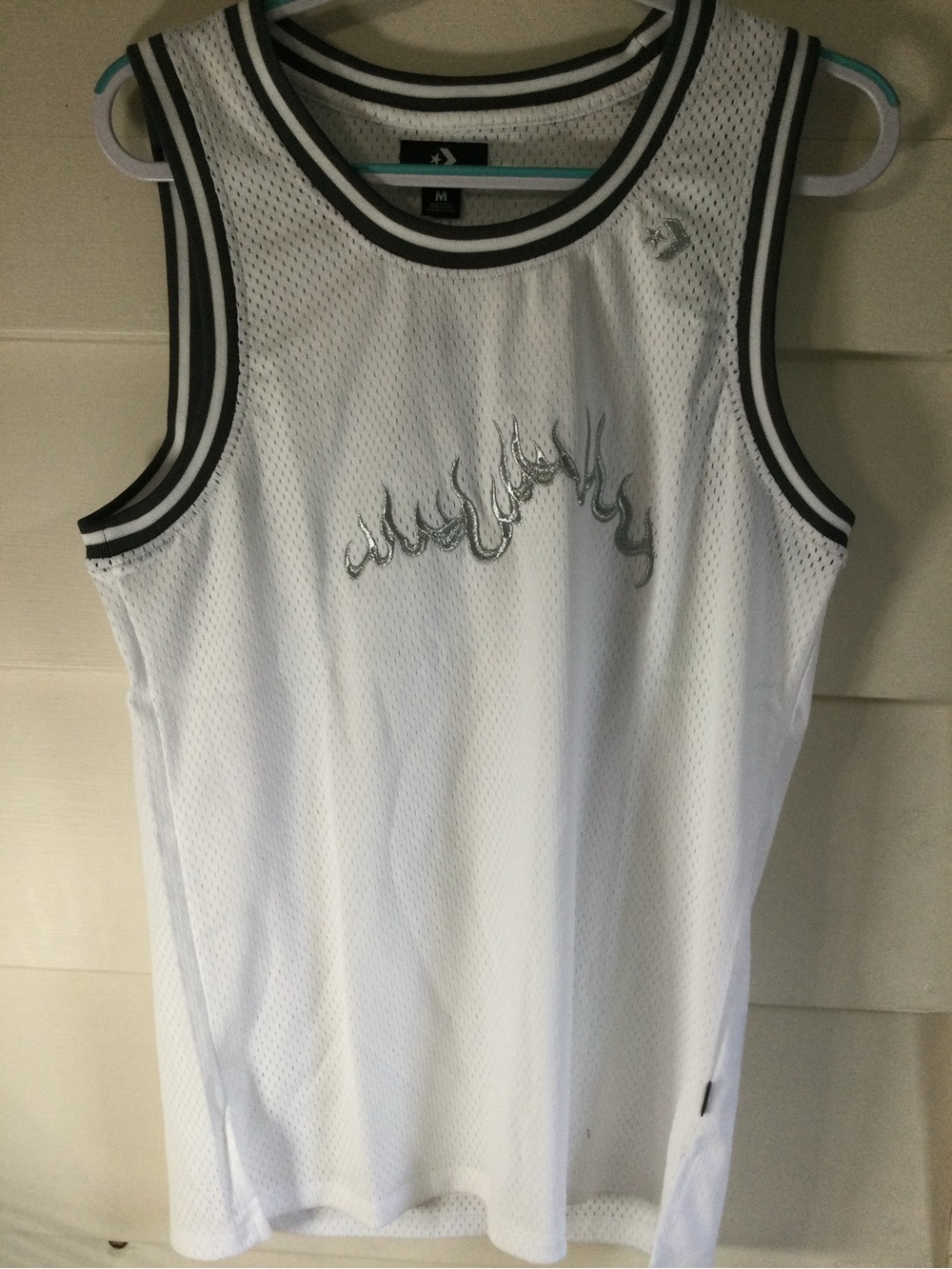 Converse White Mesh Tank with Silver Flame Detail